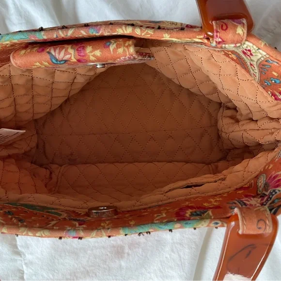 Talbots orange paisley print cotton purse with tortoise-colored plastic Handle - Picture 5 of 6